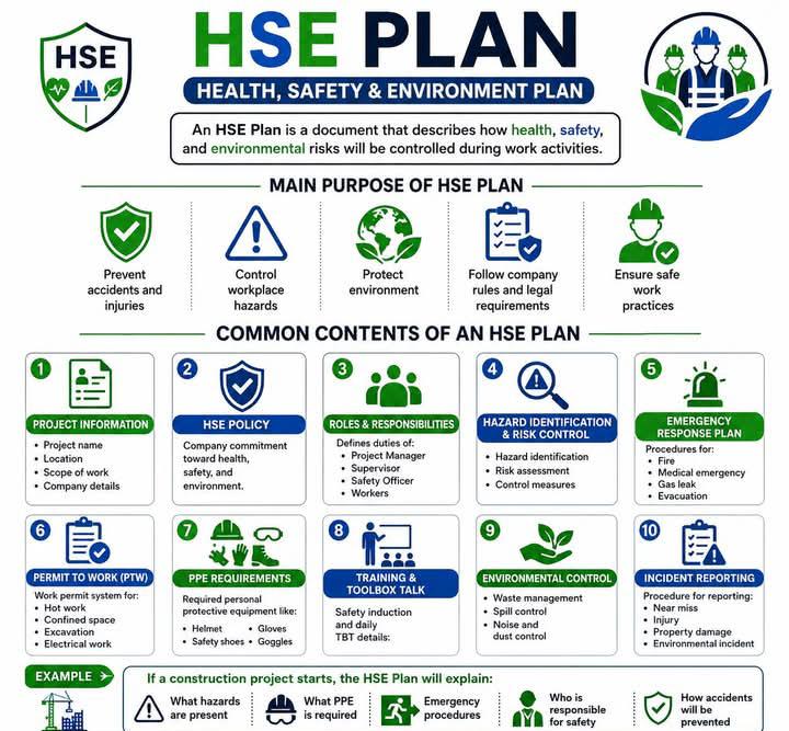 HSE adalah singkatan dari Health, Safety, and Environment, yang merupakan sistem untuk menjaga kesehatan, keselamatan, dan lingkungan kerja.